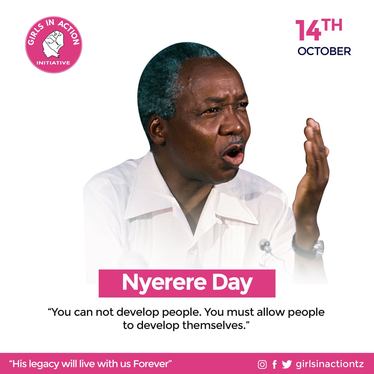 GIAInitiative's tweet photo. "His legacy will live with us Forever" 
MWL JULIUS K. NYERERE

NYERERE DAY - 14th OCTOBER 
.
#NyerereDay
.
#GirlsInActionTz 
#HereWeActTz
#MsitiriMtotoWaKike https://t.co/OQBh8AUipX