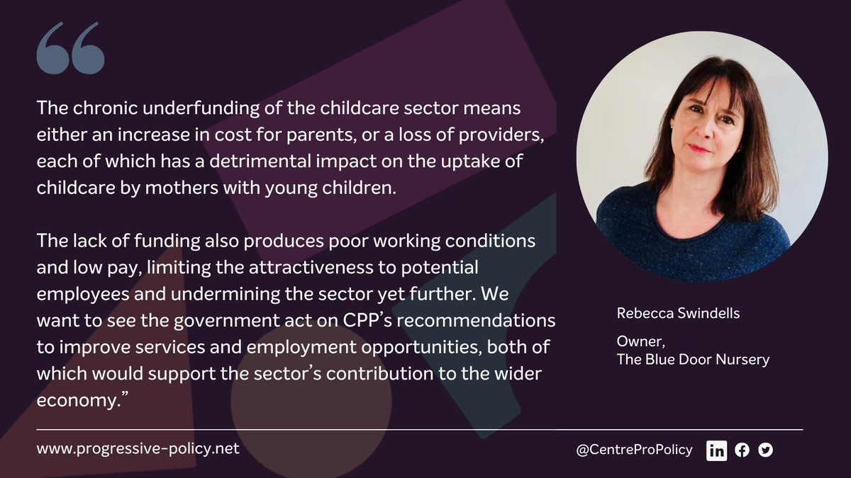 GrowthandReform's tweet photo. #CPPresearch: 🗣️ Rebecca Swindells @Toffeeseagull, owner of The Blue Door Nursery, urges the government to act on CPP’s recommendations ‘to improve services and employment opportunities, both of which would support the sector’s contribution to the wider economy’ 👇🏼 https://t.co/smvFkJZNw2