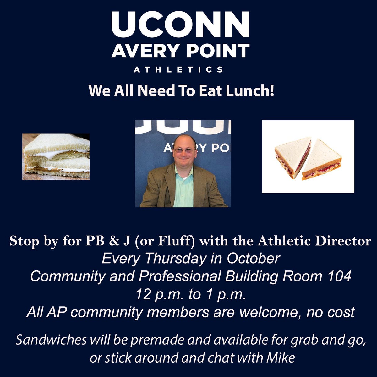 Who wants to chat with the AD and have free lunch on Thursday? Stop on by and say hello! <a href="/UConnAveryPoint/">UConn Avery Point</a> @uconn