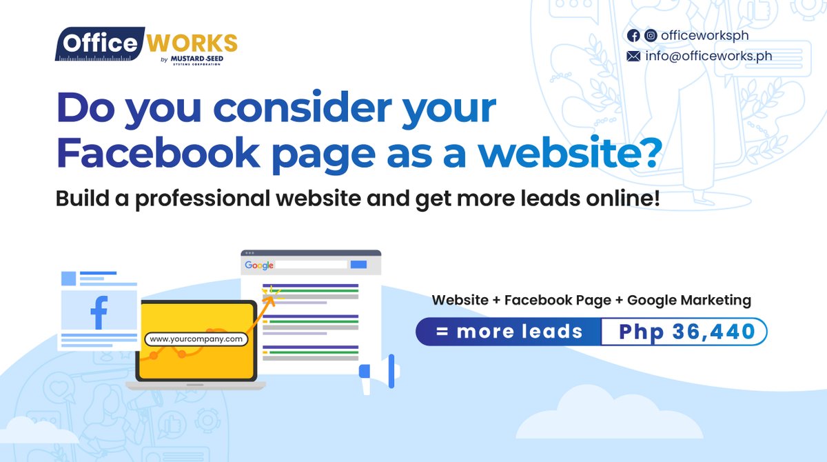 officeworks_ph's tweet photo. Do you consider your Facebook page as a website?
Build a professional website and get more leads online!

For inquiries, CONTACT:
Sherwin Santiago
(02) 8535 7333 Loc. 352
+63 935 574 1210
sales@mseedsystems.com

#webdevelopment #webdesign https://t.co/mBO6ec90xV