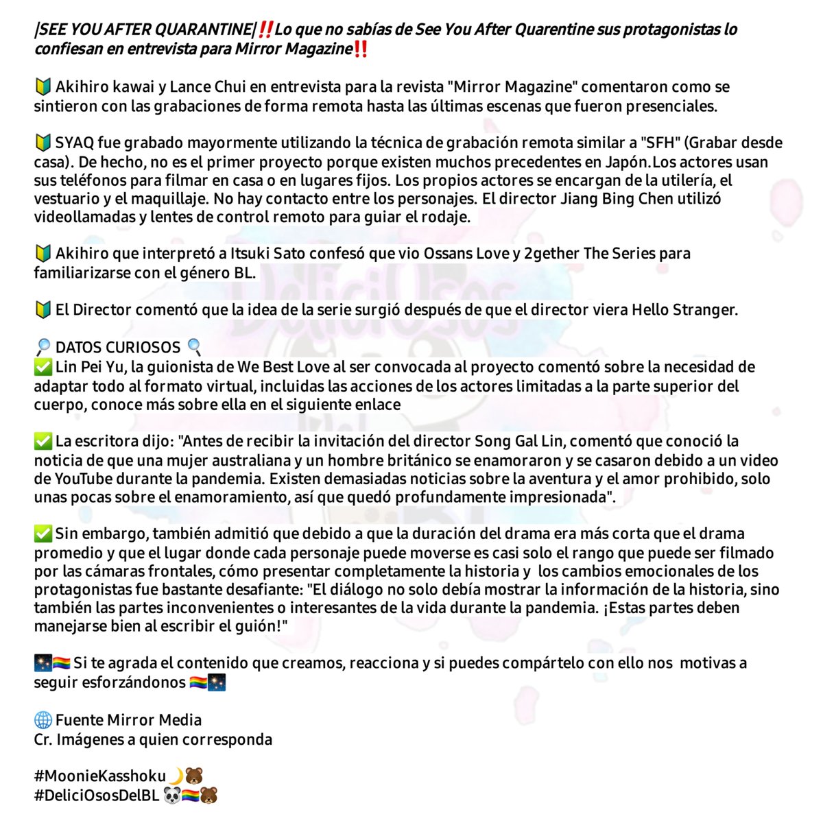 DeliciososBL's tweet photo. [🎤ENTREVISTA]#SYAQ 

Los protagonistas de #SeeYouAfterQuarentine mediante una entrevista con #MirrorMagazine comentan cómo se sintieron mientras grababan la serie. 

#隔離後見個面好嗎 #Akihirokawai #LanceChui #BL 

#DeliciOsosDelBL🐼🏳️‍🌈🐻 https://t.co/FTOlU3MWQu