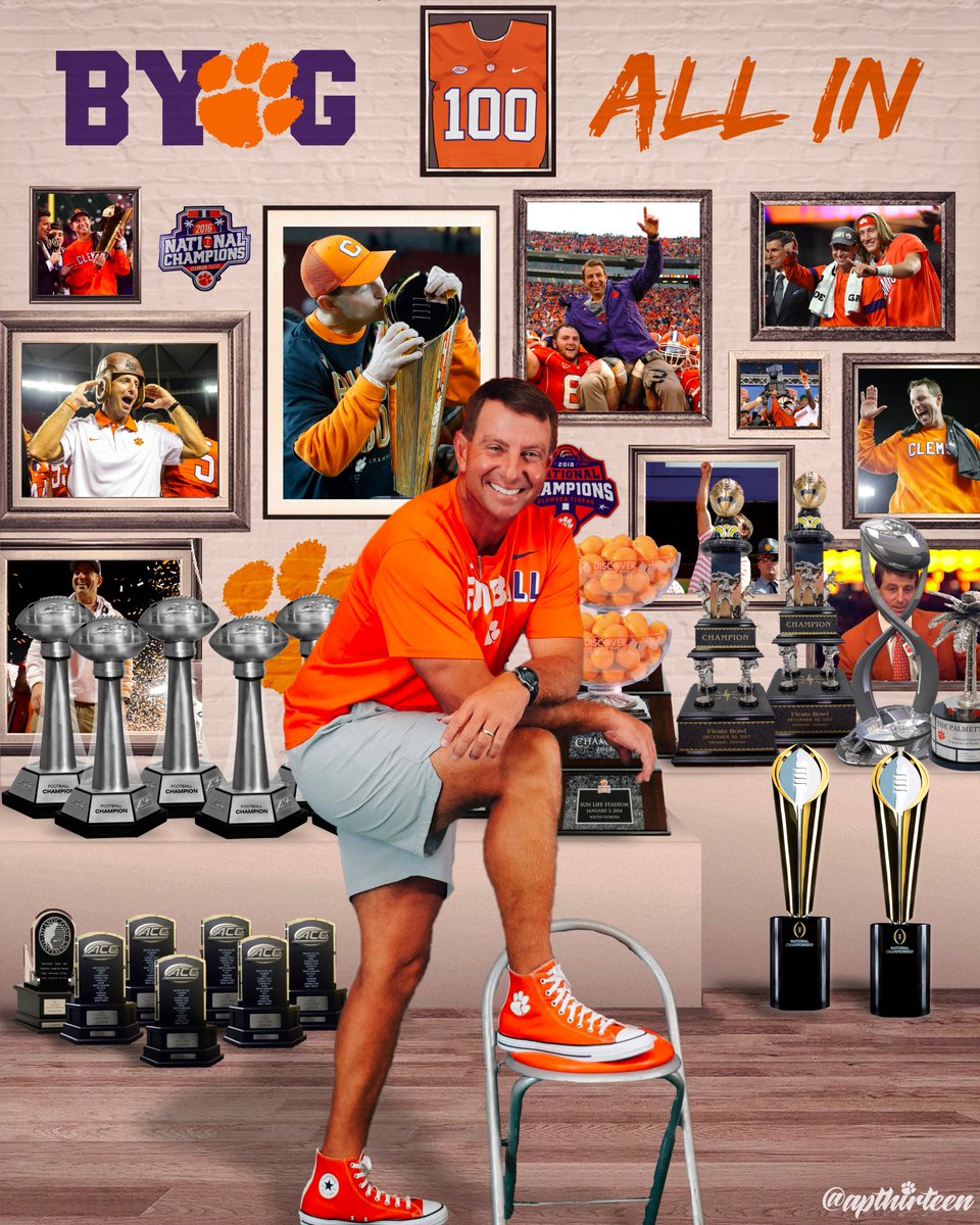 apthirteen's tweet photo. 13 years ago today, Dabo Swinney was introduced as Clemson's interim head coach.

- 143 wins
- 2 national championships
- 7 ACC championships
- 6 College Football Playoff appearances
- 10 bowl wins
- 10 10-win seasons
- 3x Bear Bryant Coach of the Year

Legend. https://t.co/wBWgbIhW9C
