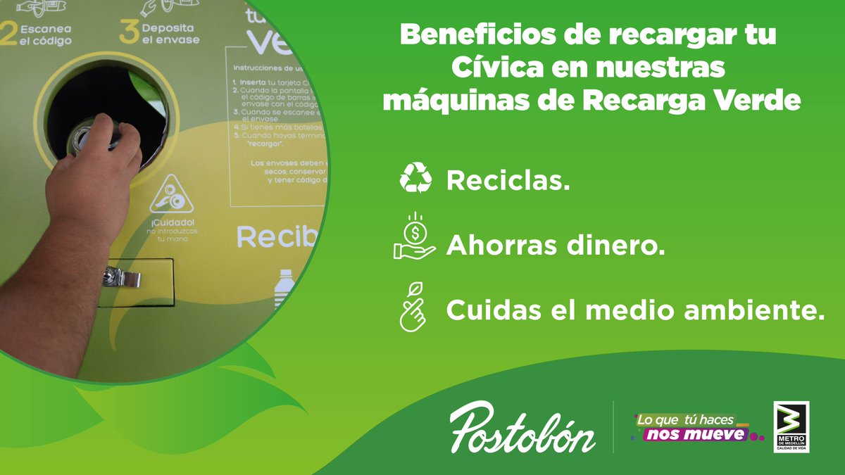 metrodemedellin's tweet photo. Juntos podemos sumar acciones para cuidar nuestro planeta. 🤜🌎🤛 La #RecargaVerde es una alternativa para cargar saldo a tu #Cívica, generando múltiples beneficios para todos. 🙌 

¡Toma la vía más rápida! ⚡️

@postobonoficial https://t.co/efF9yASbz8