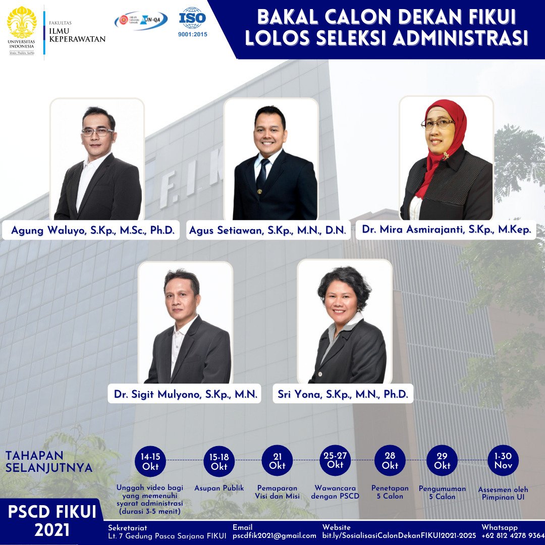 Selamat kepada bakal calon dekan FIKUI yang telah lolos seleksi administrasi 👏👏

#KeperawatanUi
#NursingUi
#FikUi
#FonUi