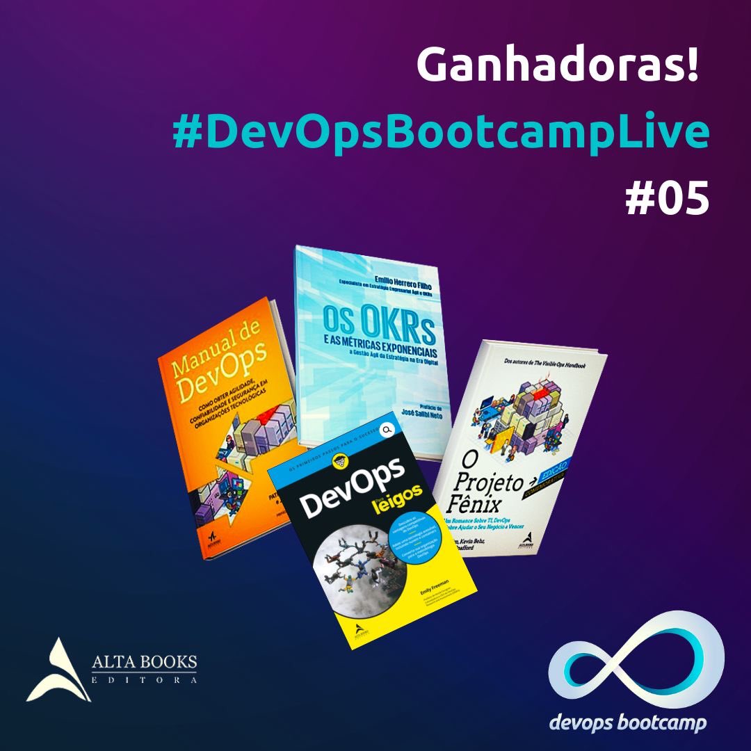 AmandaSPinto's tweet image. Conheça #BootWomenDevOps que ganharam o combo @altabooks 

São elas 💜

🥇 Claudiane Oliveira

🥇 Flavia Borges

🥇 Katia Fernandes dos Anjos

🥇 Rosana Ramos

🥇Jéssica Luana Marinho Costa

Parabéns lindas #protagonistas!

✅Link para sua participação: lnkd.in/ejMdGFF