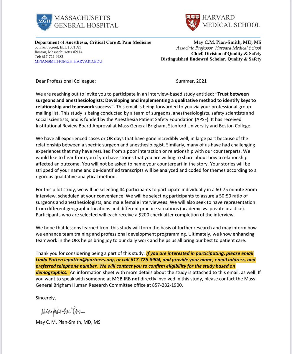 please consider being in this research study about TRUST between surgeons and anesthesiologists- for pilot we especially need women, private practice and reps from southern and central states @ASALifeline @hayfarani