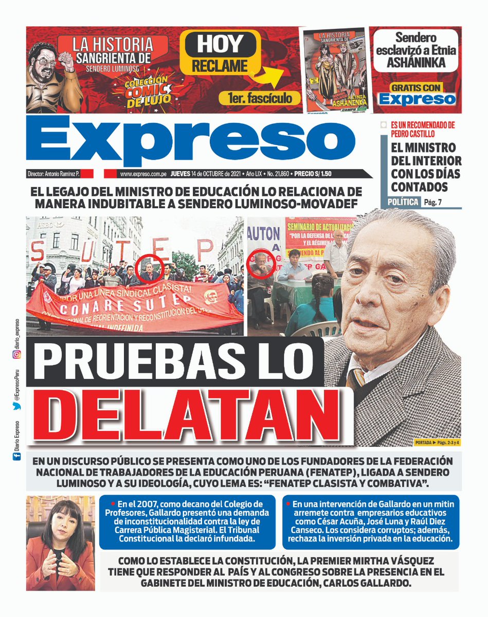 ExpresoPeru's tweet photo. 🗞 ¡Aquí la portada del Diario Expreso para este jueves 14 de octubre de 2021!
📲 Visita nuestra web: https://t.co/fjIxdl8o4O https://t.co/vKcWPEvZUo