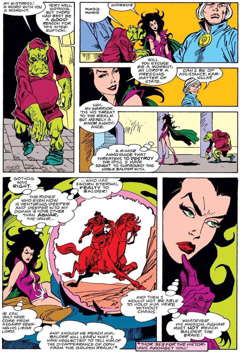 I always get the Sorceress Karnilla mixed up with the Enchantress Amora. Anyway, Karnilla has Balder in her fortress of his own free will, so she doesn’t want Agnar to come tell him of the mission from Thor (see last issue in Thor #360 [M6094]). #marvel #balderthebrave https://t.co/dCUe3Tq8nU