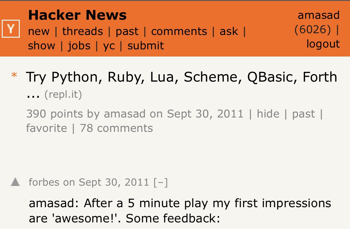 amasad's tweet image. 10 years ago we launched @Replit — first in-browser multi-language sandbox — a breakthrough at the time.

With no funding however the project all but died. 5 years, two jobs, and one country later @HayaOdeh had enough savings to start Replit, Inc.

And we’re just getting started!