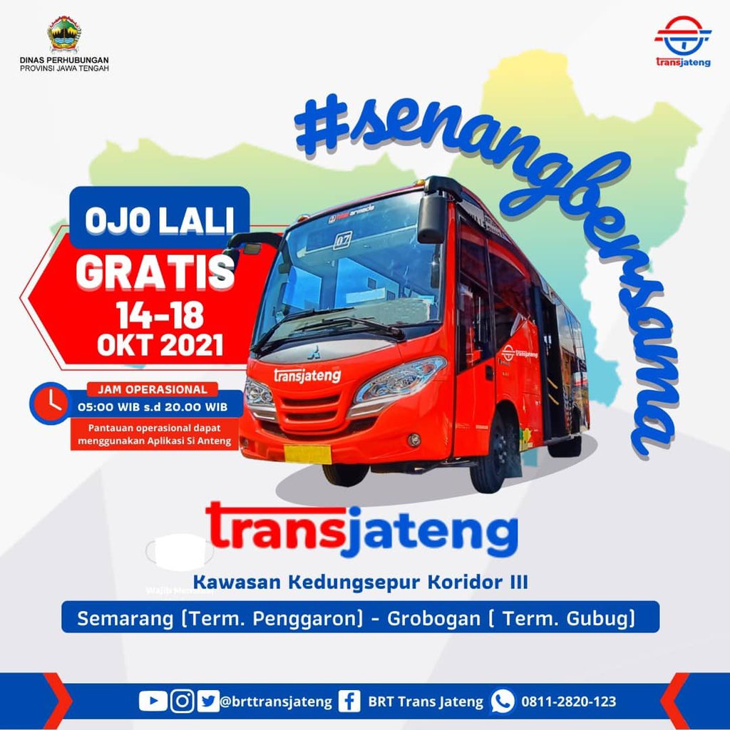 perhubunganjtg's tweet photo. Ojo Lali #transjatengsemaranggrobogan
GRATIS 5 hari pertama lhoo, mulai hari ini sampai tanggal 18 Oktober 2021! 
Bisikin ke temen2, tetangga, saudara kalian yaa, dari Terminal Penggaron - Terminal Godong - Terminal Gubug bisa naik @brttransjateng 😍
@ganjarpranowo 
@provjateng https://t.co/WQJJMr2Ryy