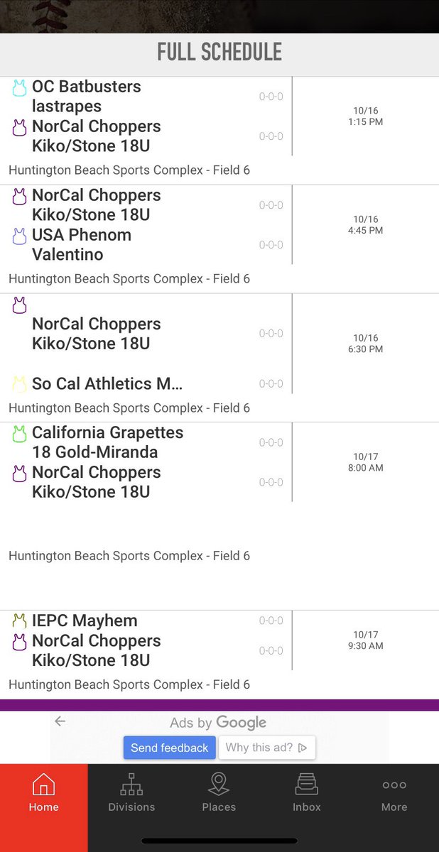 My team and I will be playing at Huntington Beach Sports Complex, Field 6  Saturday 10/16 and Sunday 10/17. The games will be live streamed on NorCal choppers Kiko/Stone 18u Facebook page as well!!