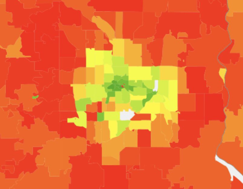 Here’s a map of carbon pollution by zip code in the Twin Cities. Every metro looks the same: dark green (low pollution) central cities surrounded by dark red suburbs. There should be no debate about the environmental impact: suburban sprawl is bad, urban infill is good.