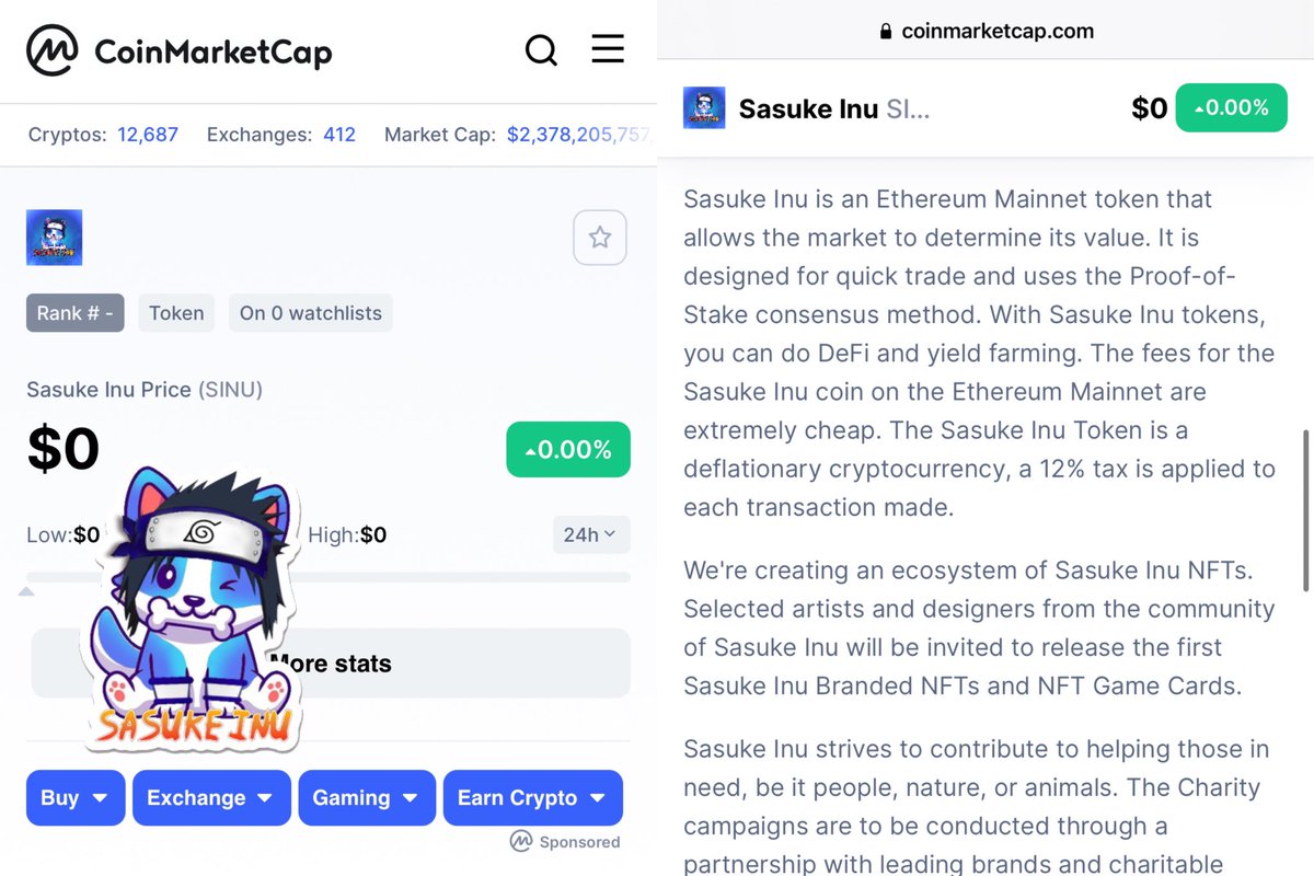 SasukeInu_eth's tweet photo. ππ₯ Sasuke Inu now live on CoinMarketCap! π₯π Trade Update soon! π
https://t.co/g6VeHFUaGo
#sasukeinu #ethereum #eth #floki #saitamainu #doge #nezukoinu #fluffy #elonmusk #dogecoin #gojoinu #shibarmy #cryptotwitter #luffyinu #saitamawolfpack #nftcollectors https://t.co/pu7tcMn989