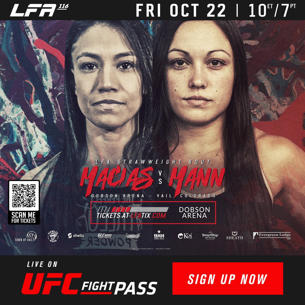 LFAfighting's tweet photo. #WCW: @USAJudo star @PitaMaciasMMA faces top undefeated prospect @SSavage115 in a highly-anticipated #strawweight showdown at #LFA116! π₯
Friday, October 22
#DobsonArena
#Vail, #Colorado
π«: https://t.co/adTN0x0JwS
#MMA
#VailEvent
#DiscoverVail https://t.co/OxE16vzlsJ