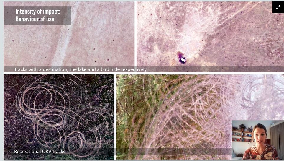 NWT_NZ's tweet photo. Johanna Blakely from Lincoln University used a drone to look at Te Waihora‘s saltmarsh wetland, to measure the extent and intensity of off-road vehicle damage in 2019.  Look at those donuts 😲  "cues to care" likely to be part of the solution.  #INTECOL https://t.co/ARR9mZpEzJ