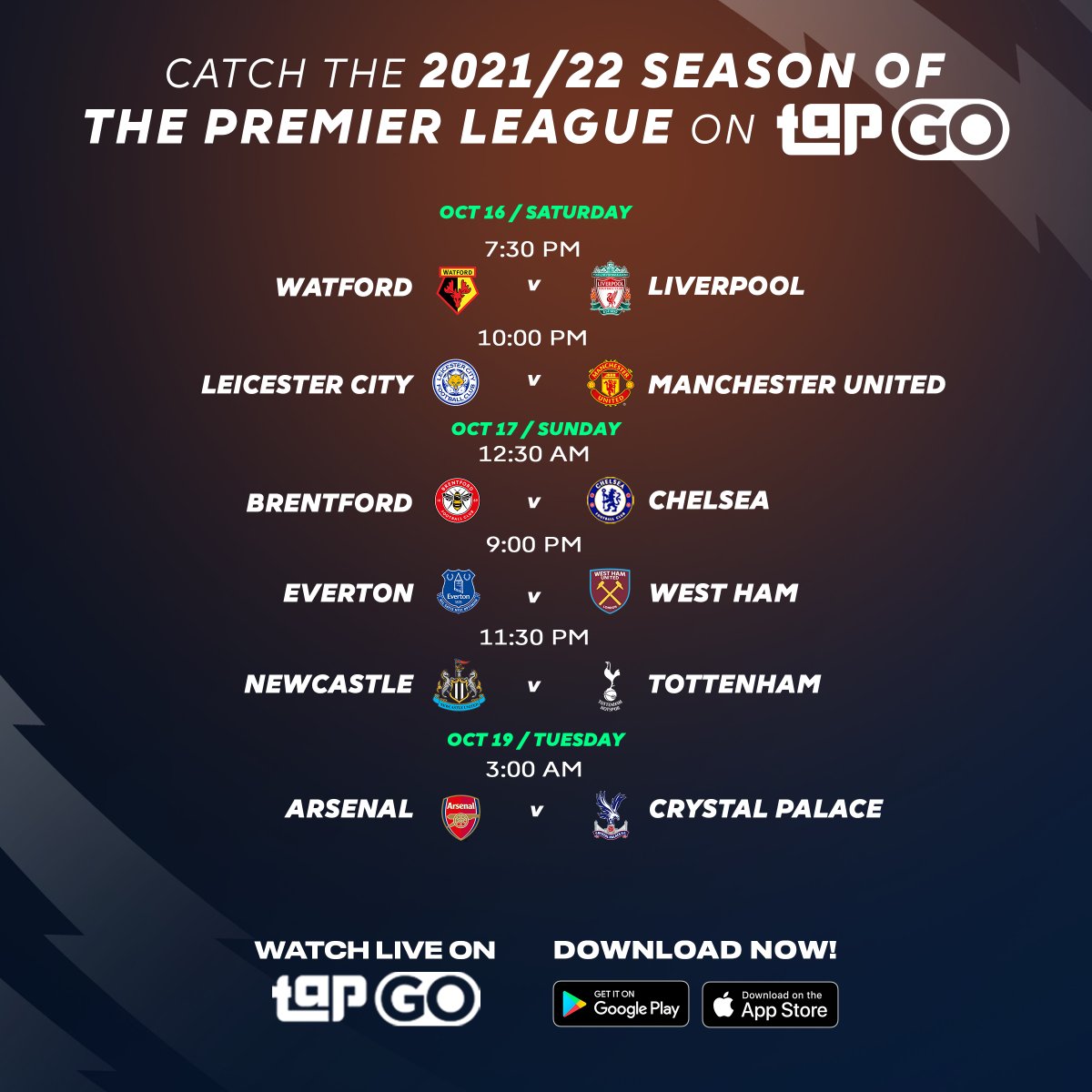 tapgotvph's tweet photo. The International break is over, which means the Premier League is back!

Here are the fixtures this weekend for Matchday 8.

Which match will you be watching?

#TapGoPH #TapGo #PremierFootball #TapSports #WhatsOnTapGo #StreamTapGo #DownloadTapGo #AllInOneTap https://t.co/cLsv0DkWbA