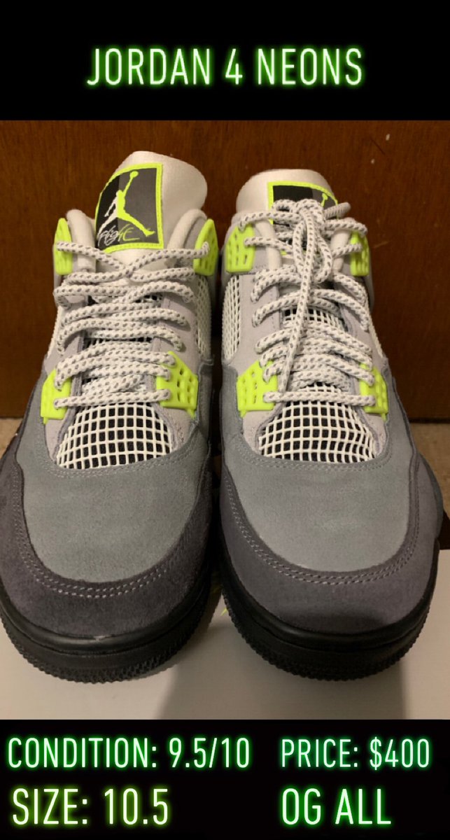 StreetWise_CC's tweet photo. Jordan 4 Neons 

Size: 10.5 

Condition: 9.5/10 

Price: $400 

Worn EXTREMELY lightly one time https://t.co/ewCarC2FeT