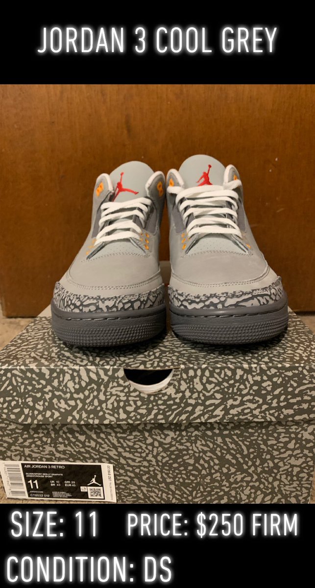 StreetWise_CC's tweet photo. Jordan 3 Cool Grey 

Size: 11 

Condition: DS 

Price: $250 FIRM https://t.co/Xs7uHnMDUF