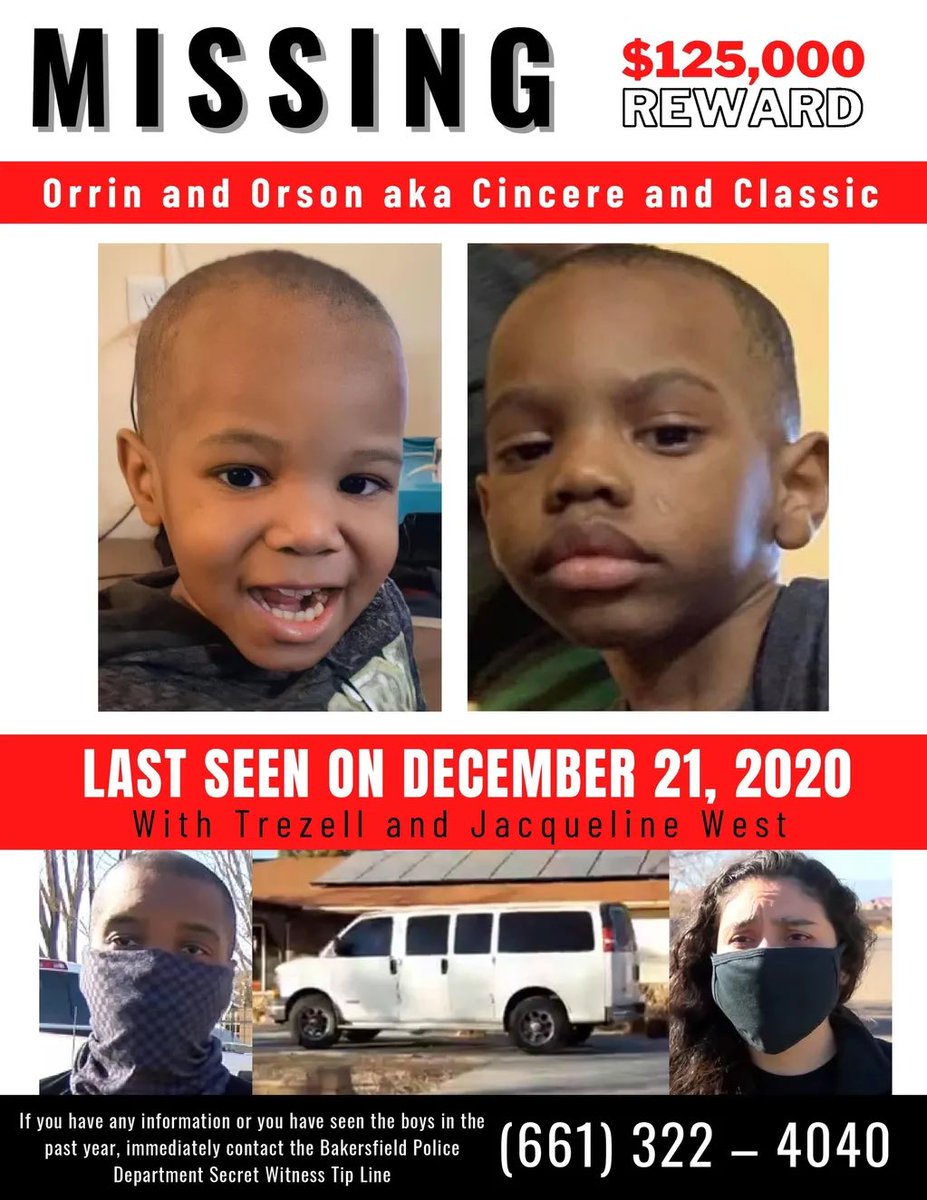 ‼️MISSING CHILDREN‼️
 Orrin West aka Cincere (4 yrs) and Orson West aka Classic (3yrs) 
Last seen on Dec 21, 2021 in California City, CA                      
wherearetheboys.com
#wherearetheboys