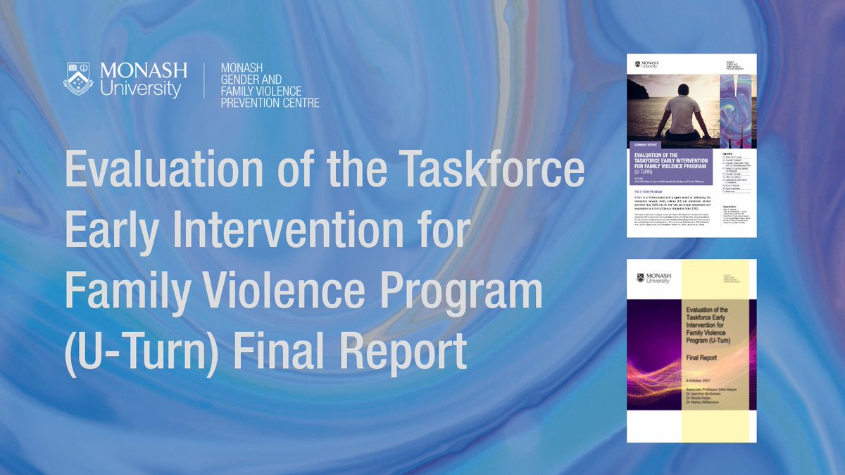 MonashGFV (@monashgfv) on Twitter photo We are excited to release the findings from our evaluation of the TaskForce Early Intervention for Family Violence (U-Turn) led by <a href="/SilkeMeyer_DFV/">Prof Silke Meyer</a> with @jasminelmcgowan, <a href="/HelpsCJ/">Nicola</a> & <a href="/DrHarleyMae/">Harley Williamson</a>. Access the reports here: bit.ly/3luRMB1 <a href="/VicGovDFFH/">Victorian Dept of Families, Fairness & Housing</a> <a href="/FamilySafetyVic/">Family Safety Victoria</a> #DFV We are excited to release the findings from our evaluation of the TaskForce Early Intervention for Family Violence (U-Turn) led by <a href="/SilkeMeyer_DFV/">Prof Silke Meyer</a> with @jasminelmcgowan, <a href="/HelpsCJ/">Nicola</a> & <a href="/DrHarleyMae/">Harley Williamson</a>. Access the reports here: bit.ly/3luRMB1 <a href="/VicGovDFFH/">Victorian Dept of Families, Fairness & Housing</a> <a href="/FamilySafetyVic/">Family Safety Victoria</a> #DFV