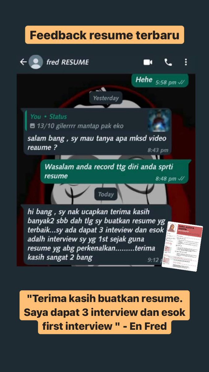 resume_kreatif's tweet photo. 👥”Alhamdulillah dapat 3 INTERVIEW lepas pakai resume kreatif” -En. Fred
#resumekreatif
#feedbackRK https://t.co/vqzpDAQMAo