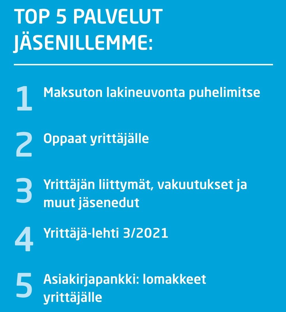 petriovaska's tweet photo. Yrittäjien suosituimmat jäsenpalvelut ovat: #lakineuvonta, #oppaat, #jäsenedut, #yrittäjälehti ja #asiakirjapankki. #Yrittäjä, lue lisää 👉 https://t.co/lOPThhbLmd ja liity jäseneksi. #yrittäjät https://t.co/YT9XWABTyK