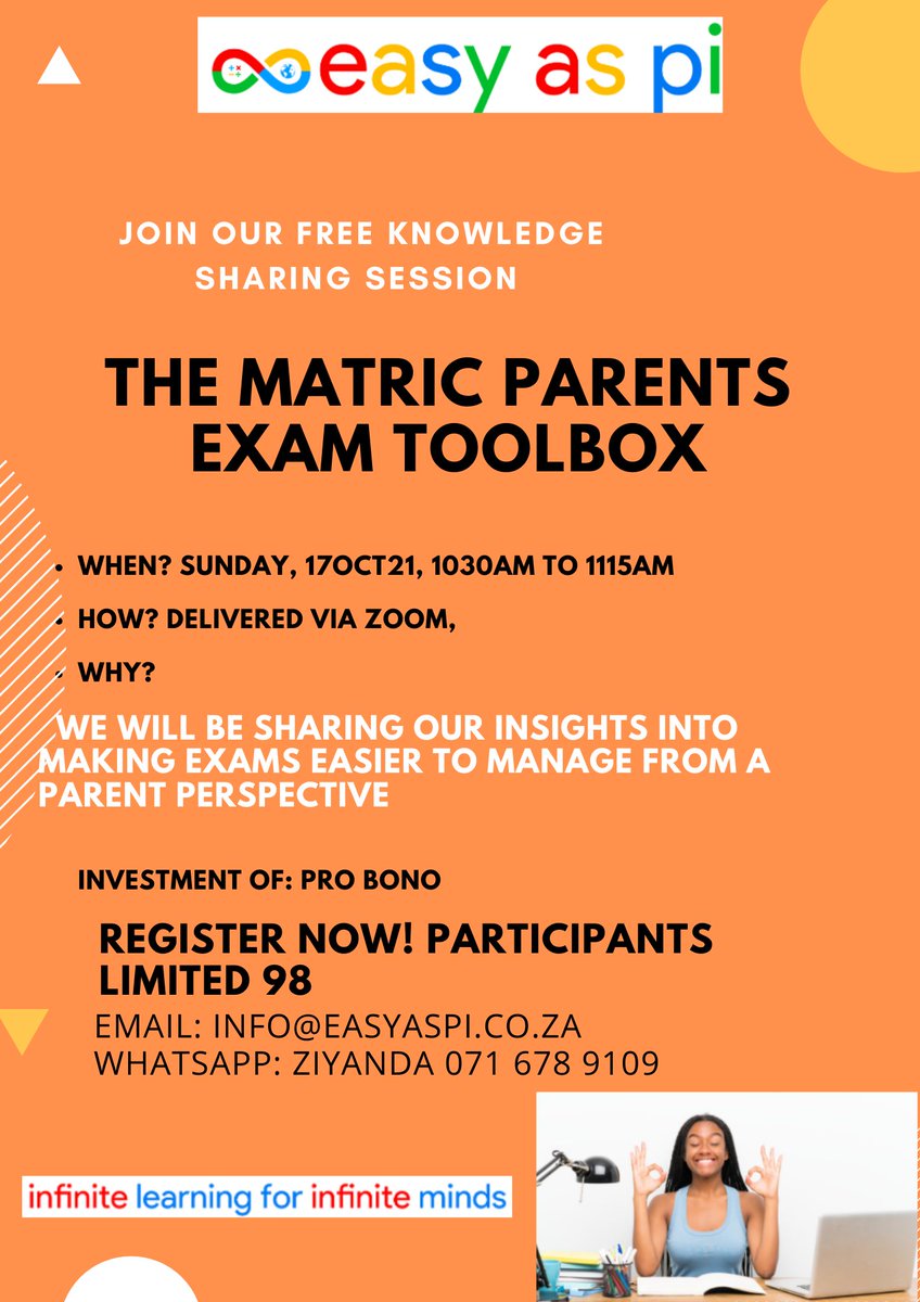EasyAsPiMaths's tweet photo. Parents of our Matric Class of 2021.

@EasyAsPiSouthAfrica will run a knowledge sharing session for parents, to share some key challenges &amp; how to address them. Its FREE!

Register using the link:
https://t.co/ASZnivf9Sk

#MatricClassOf2021 #MatricExams2021 #EasyAsPiSouthAfrica https://t.co/B5cgOj9yyK