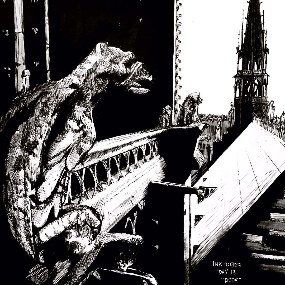 Day 13: “roof”. Gargoyle on the Notre-Dame de Paris from a stock photo I altered for reference.
.
.
.
#inktober #inktober2021 #roof #hatchingart  #notredameparis #medievalarchitecture #cathedrals #parisarchitecture #gargoyles #gargoyle #hunchbackofnotredame #cathedralenotredame