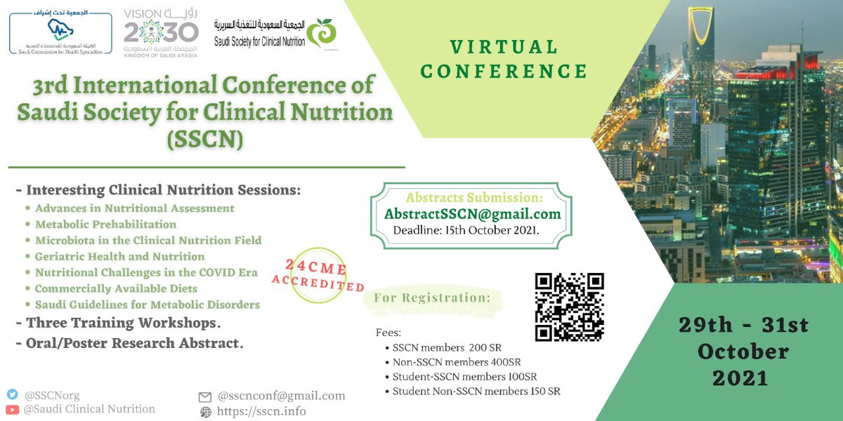 sscnorg's tweet photo. مرحبا بكم في المؤتمر الدولي الثالث للجمعية السعودية للتغذبة السريرية
 - محاضرين دوليين ومحليين متميزين 
- محاور علمية مهمة لكل الممارسين الصحيين
 - ورش عمل
- ملص��ات بحثية للباحثين
- 24  ساعة معتمدة
- شهادات حضور
- جوائز مسابقات للحضور
 بادر بالتسجيل
رابط التسجيل في الاعلان https://t.co/0zKiG7onwu