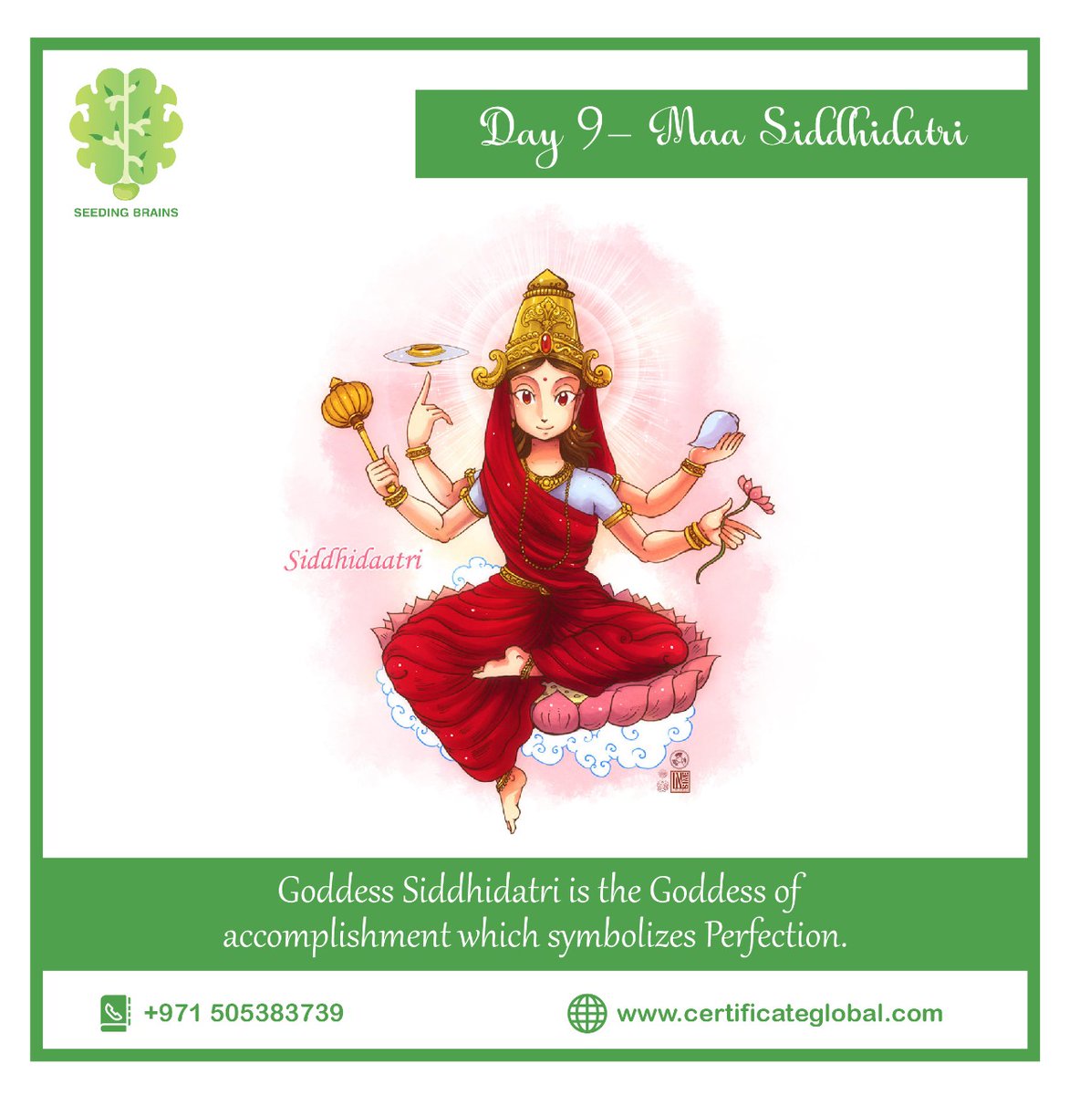 SeedingBrains's tweet photo. @SeedingBrains wishes you with Goddess Siddhidhatri the ninth and last day of Navratri. She is sitting on a lotus, with a mace, discus &amp; book. Goddess Durga in this form represents perfection &amp; is the Goddess of Accomplishment indicating one should focus on achieving their goals. https://t.co/OhIm8LvunH