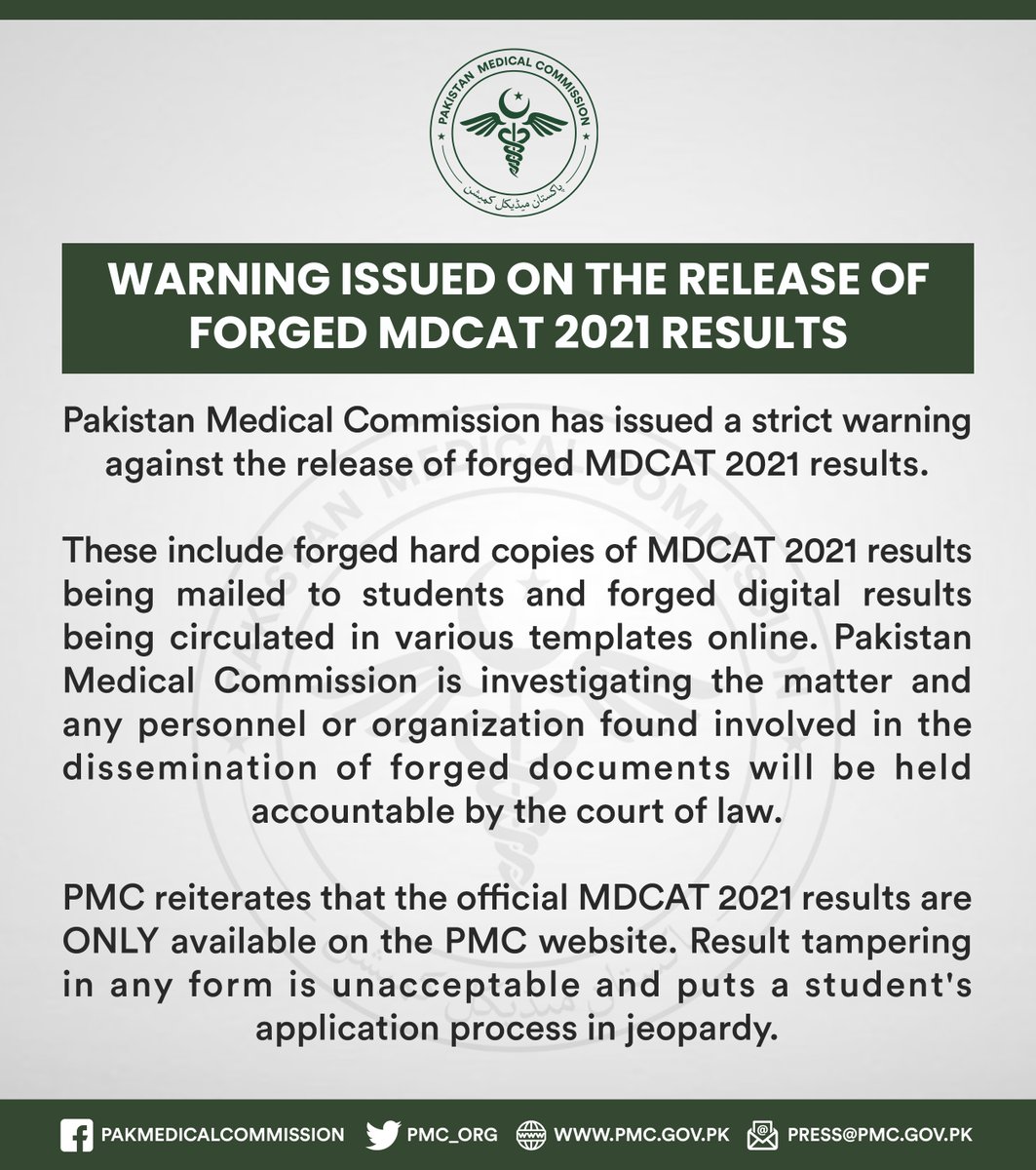 pmdcofficial's tweet photo. PMC issues a warning on the release of forged MDCAT 2021 results. https://t.co/HAG2KVYdEk