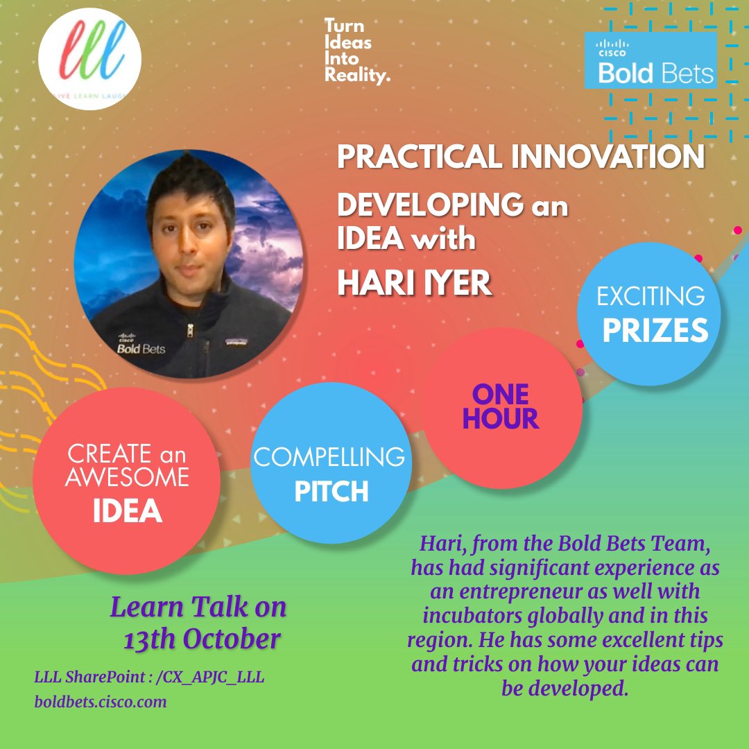 VarshaKanwar's tweet image. 💡Be bold
💡Ask for (and be open to) feedback
💡Stay curious and keep learning
💡Innovative teams stay laser focused on customer’s point of view 
Great advice by Hari Iyer to ~200+ attendees at #CiscoAPJC #LiveLearnLaugh club organized ‘Practical Innovation’. #WeAreCisco