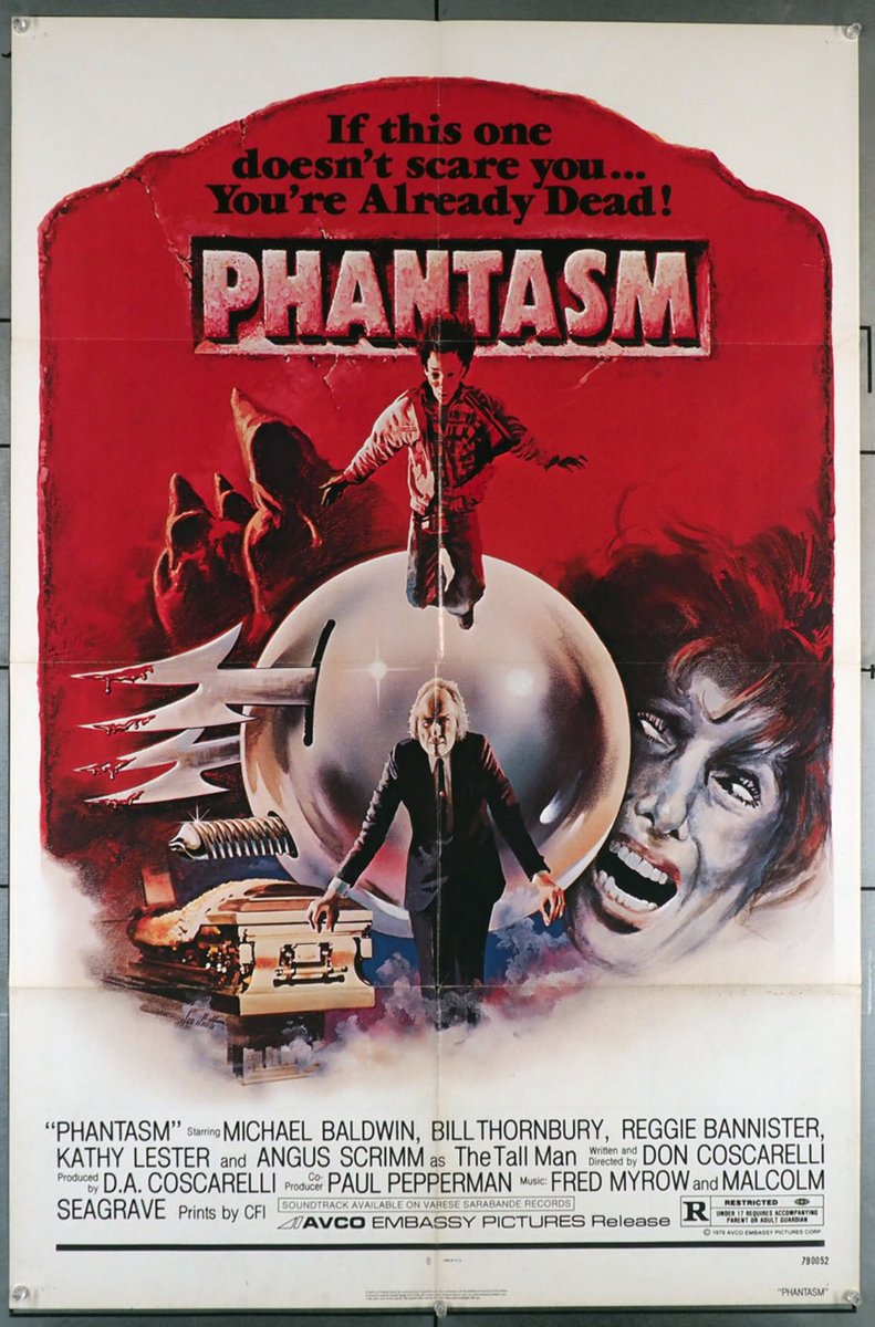 Another #horrorfilm classic: an original #movieposter for Don Coscarelli’s low-budget, but wildly imaginative, journey into fantasy and gore, Phantasm, 1979. $450. @movieartaustin, movieart.com/phantasm-1979-…