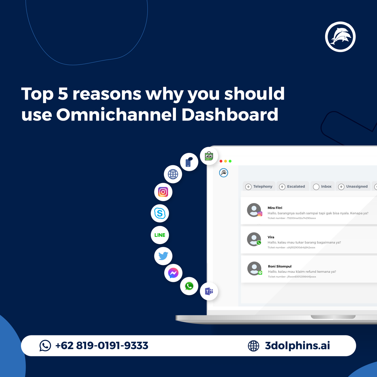 3dolphinsAI's tweet photo. Here's something:  Not utilizing multiple social media platforms may prevent you from reaching your full audience.

Use 3Dolphins Omnichannel Dashboard to help you. 
Find out more here: https://t.co/6spsQtjVEj

#3DolphinsSRM #ConnectingEnterpisetoCustomers https://t.co/VdOfTZwKTA