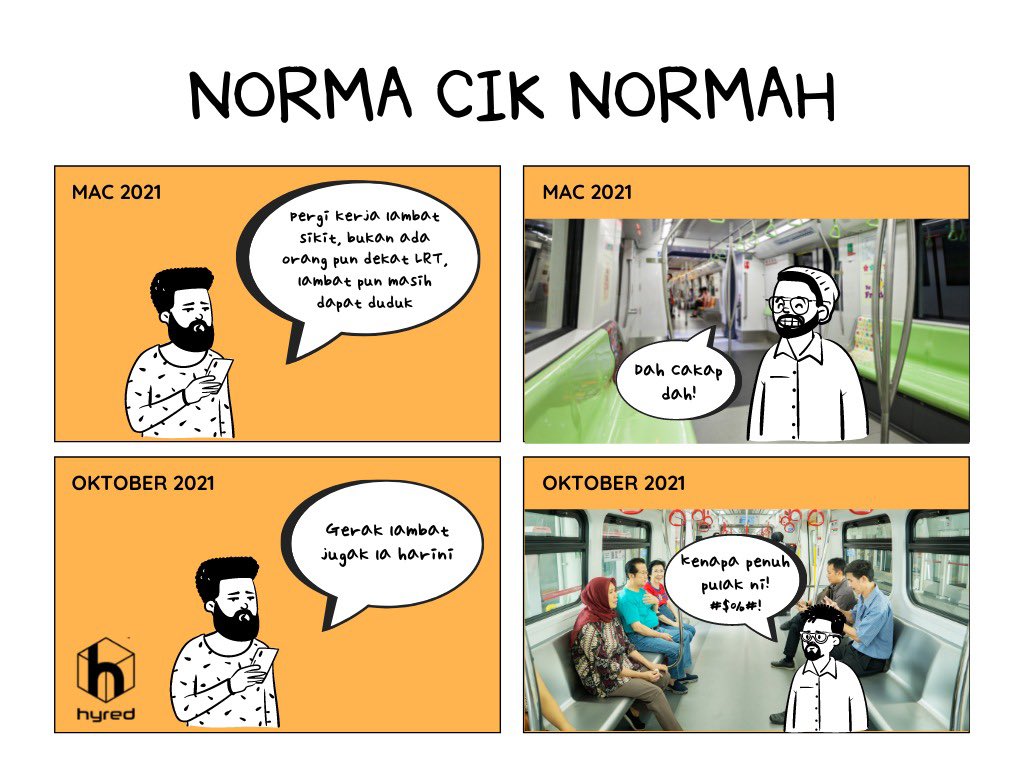 HyredMY's tweet photo. Kesian dah tak dapat tempat duduk dah. Haa korang yang pergi kerja naik LRT pun mesti perasan jugak kan! Yang penting kena sentiasa jaga SOP, jangan lupa scan MySejahtera dan pakai pelitup muka okay? https://t.co/2fwNJB44cD