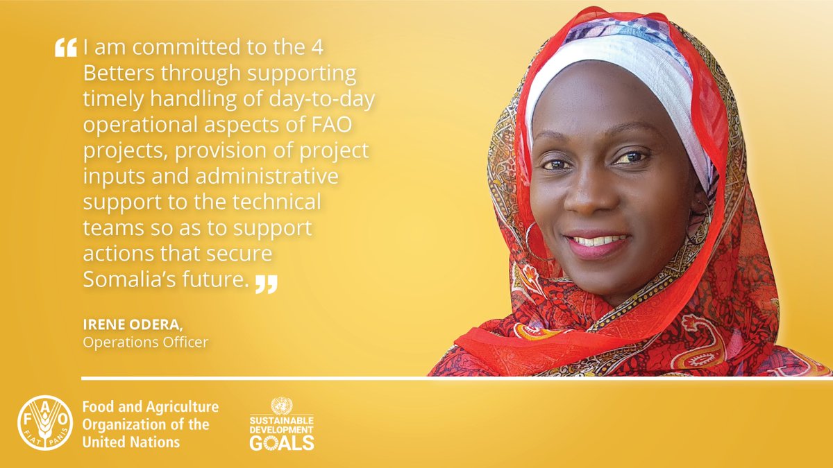 FAO in Somalia (@faosomalia) on Twitter photo Our actions are our future.
Better production, better nutrition, a better environment and a better life.
Our Operations Officer, Irene Odera, on how their department is crucial in achieving  #ZeroHunger 👇
What are your actions for a better future?
#WorldFoodDay #FoodHeroes Our actions are our future.
Better production, better nutrition, a better environment and a better life.
Our Operations Officer, Irene Odera, on how their department is crucial in achieving  #ZeroHunger 👇
What are your actions for a better future?
#WorldFoodDay #FoodHeroes