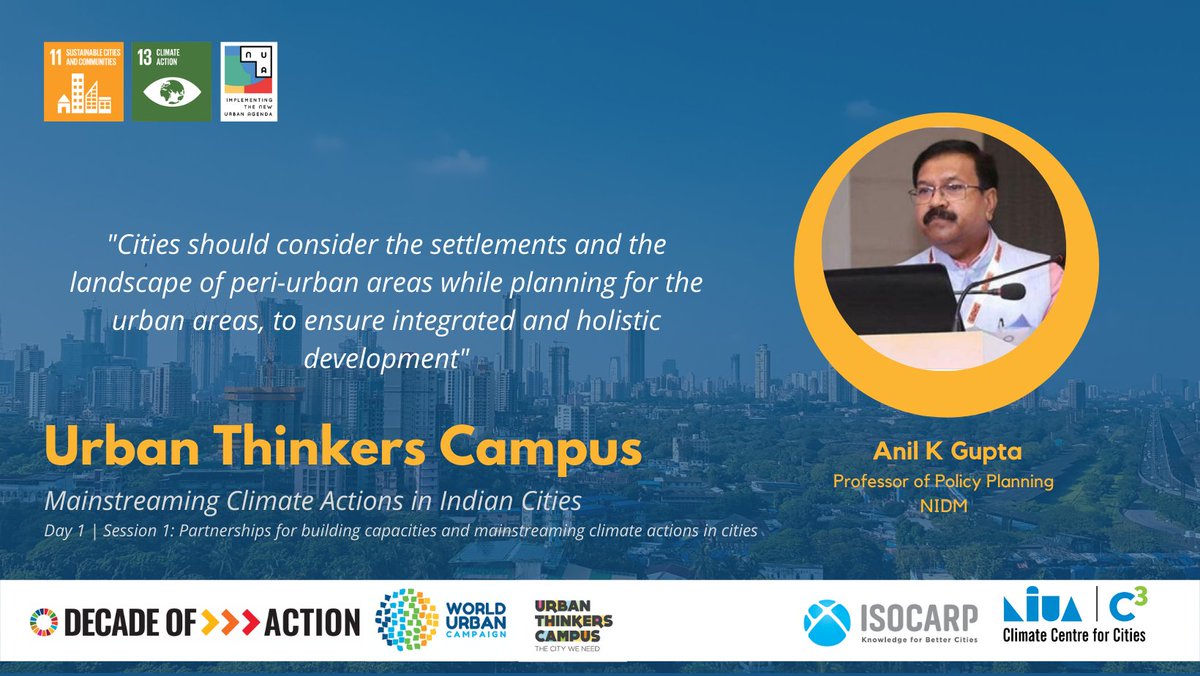 Sharing key takeaways from Session 1 of the Urban Thinkers Campus on 'Partnerships for building capacities and mainstreaming climate actions in cities' organized by @C3_NIUA  in association with @ISOCARP
#UrbanThinkers #TakeAction4Cities #ClimateAction  #partnerships 

[2/2]