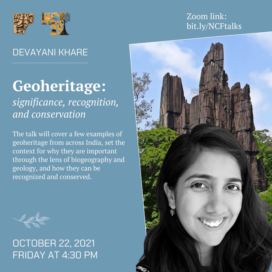 ncfindia's tweet photo. Voices for Nature and Society: The second talk in this series is by Devayani Khare who will be talking about India's geoheritage. She will take us through how they can be recognized and conserved. Join us on October 22 at 4:30 pm!

Zoom link: https://t.co/uNf9xiRXtu https://t.co/fwCTPaxWjm