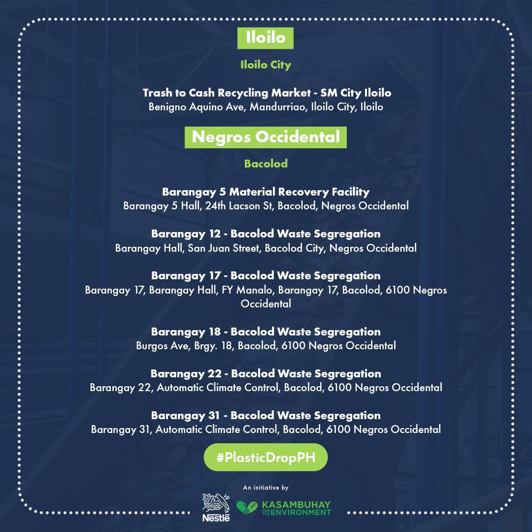 rapplerdotcom's tweet photo. Your plastic waste has already been segregated. Head to a plastic collection point near you! Here’s a list of facilities in Visayas/Mindanao. Let’s strive to be as close to plastic neutral as possible.
#PlasticDropPH #DoMoreTogether #KasambuhayForTheEnvironment #BrandRap #Nestlé https://t.co/ihVo2zcouO