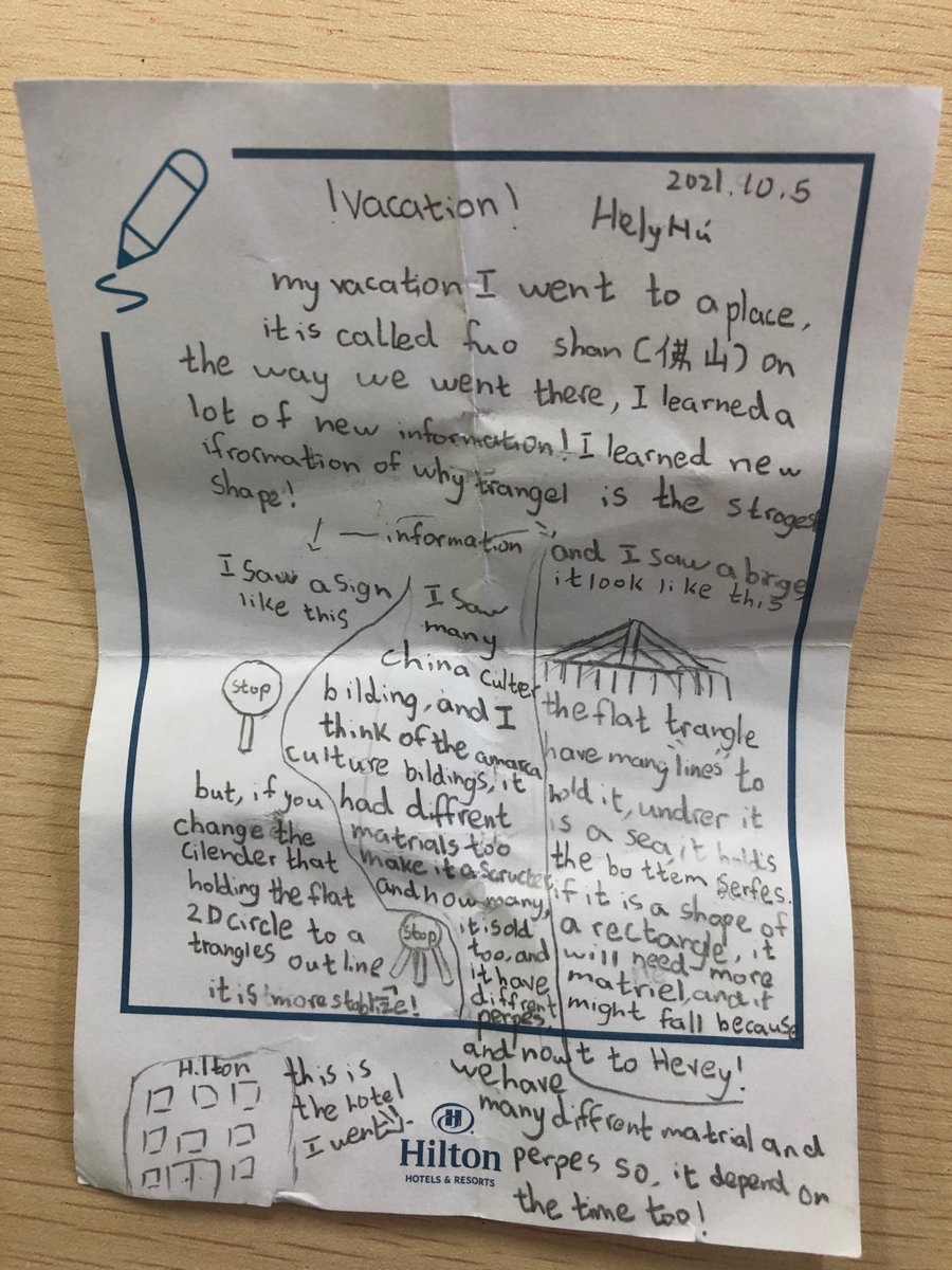 A grade 3 student made connections to their ATL's by creating planning sheets for their classmates to improve their own structures. Another shared how they connected their vacation to concepts they explored during UOI.
<a href="/LaurenD26756554/">Lauren Dorsey</a>  <a href="/ISNS_School/">International School of Nanshan Shenzhen (ISNS)</a> <a href="/ibpyp/">IB PYP</a> #action #pypinquiry