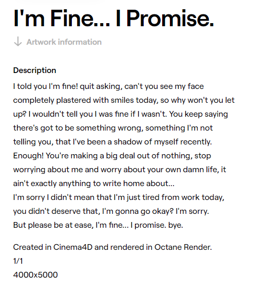 madebym1ke's tweet photo. "I'm Fine... I Promise." is now available to collect on @withFND 🙂

➔ https://t.co/FYaGETbthl https://t.co/FdHIqeI5a6