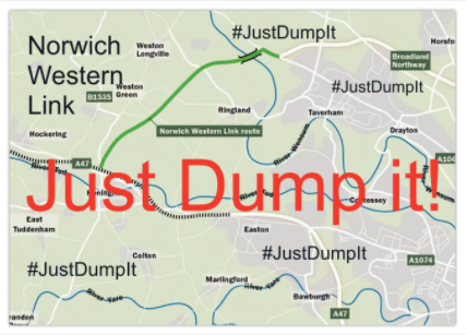 foenorwich's tweet photo. As @NorfolkCC desperately try to drum up support for the A47 with cheesy tweets urging as all to use the #JustDualIt hashtag, we prefer to use #JustDumpIt to highlight ALL the wanton destruction caused by their road-building ambitions. #ClimateEmergency #Wildlife #Woodlands #SSSI https://t.co/RrKjDlS5ml
