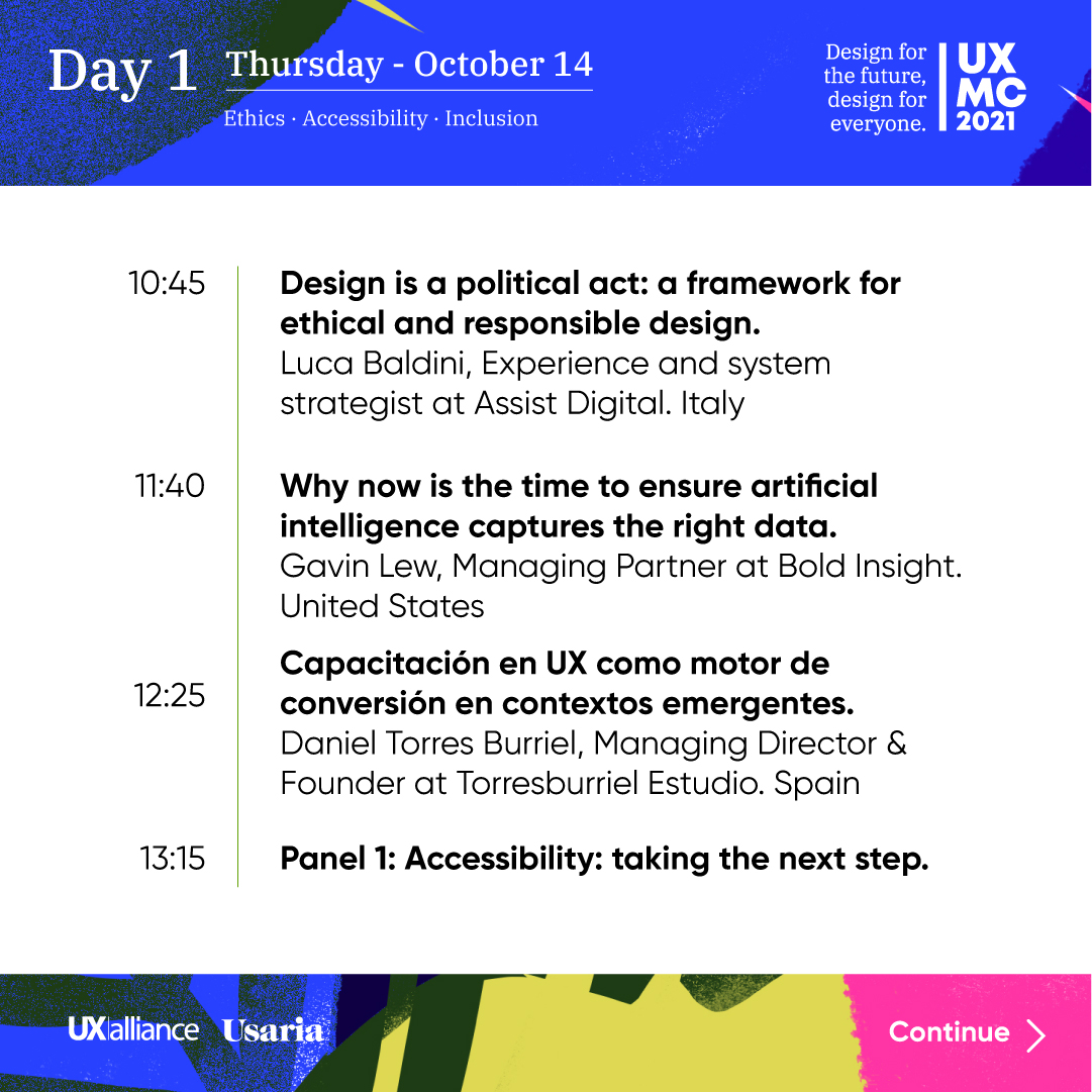 UXalliance's tweet photo. [UXMC] Day 1
The #UXMasterclass2021 starts today! Here's what you can look forward to in today's program

The theme for the talks today is: Ethics Accessibility and Inclusion 

Join us https://t.co/0F9AyOCBYT 

#UXA @usaria #UX #Ethics #Inclusion #Accessibility #Responsible https://t.co/Ny2zGJdHfV