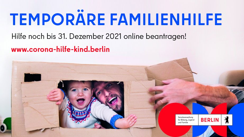 #Berlin unterstützt Eltern, die ihr Kind während #Corona zu Hause betreut und kein Kinderkrankengeld bekommen haben, mit einer temporären Familienhilfe.
Jetzt informieren und beantragen ▶️corona-hilfe-kind.berlin <a href="/RegBerlin/">Senatskanzlei Berlin</a>
