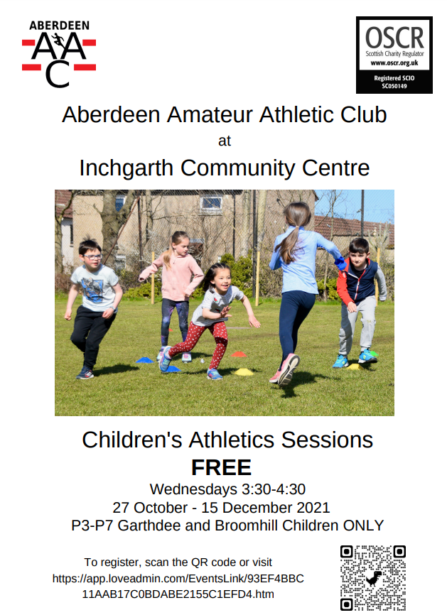 Inchgarth CC (@inchgarthcc) on Twitter photo The Aberdeen Amateur Athletics Club is back from the 27th October until the 15th December (8 weeks)! It takes place 3.30 -4.30pm on Wednesdays. The club is FREE and open to any children aged P3-P7! Please see the poster for details. <a href="/KaimhillSch/">Kaimhill School</a> <a href="/AiryhallSch/">Airyhall School</a> <a href="/SchoolBroomhill/">BroomhillSchool</a> The Aberdeen Amateur Athletics Club is back from the 27th October until the 15th December (8 weeks)! It takes place 3.30 -4.30pm on Wednesdays. The club is FREE and open to any children aged P3-P7! Please see the poster for details. <a href="/KaimhillSch/">Kaimhill School</a> <a href="/AiryhallSch/">Airyhall School</a> <a href="/SchoolBroomhill/">BroomhillSchool</a>