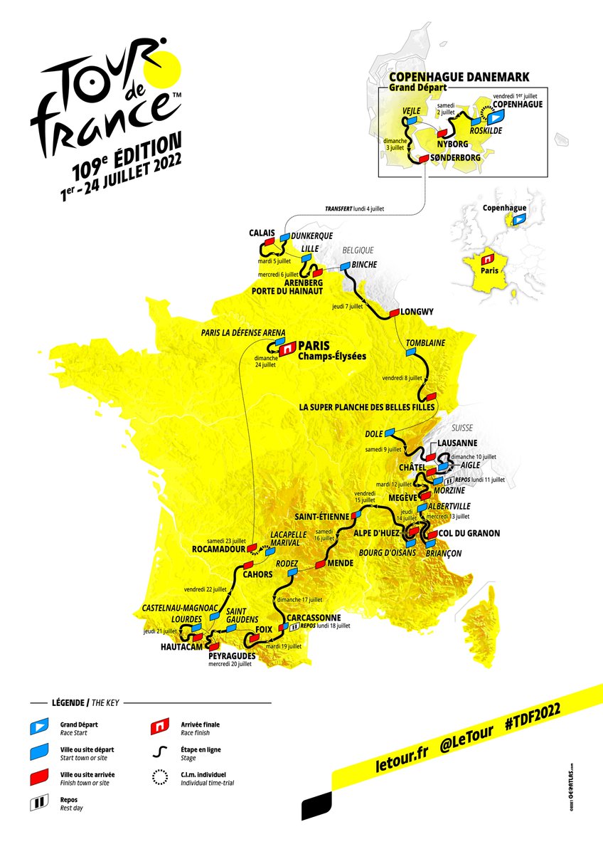 .<a href="/LeTour/">Tour de France™</a> 2022 vient de dévoiler son parcours ! 🚴‍♀️ Au programme : une halte au départ de @dunkerque et une étape 100 % nordiste reliant <a href="/lillefrance/">Ville de Lille</a> à <a href="/WallersArenberg/">Wallers Arenberg</a>. Le tracé du #TDF2022, c'est ici 👉letour.fr/fr/parcours-ge… #vivelenord