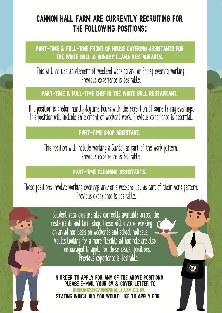 ** WE'RE RECRUITING **
We have lots of vacancies at the moment so please do share this post with anyone you think might be interested in coming to join our award-winning team!
Details how to apply at  cannonhallfarm.co.uk/careers/