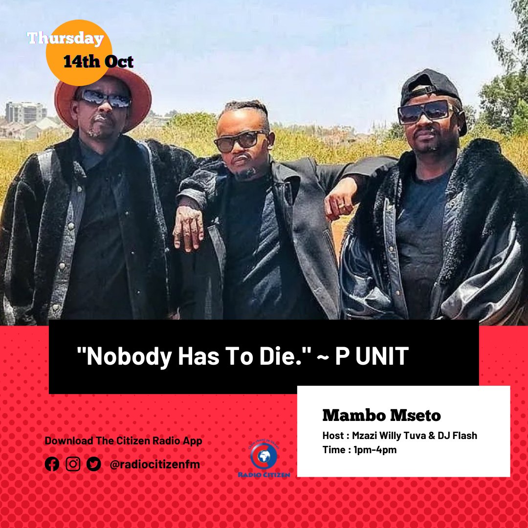 Kikundi serikali <a href="/PUNIT_KENYA/">P-UNIT</a> leo wako live on #MamboMseto 1pm-4pm <a href="/RadioCitizenFM/">Radio Citizen</a> | Listen to them talking about their new project, politics and what to expect from them | Download the Citizen Radio App 

#Nobody has to die