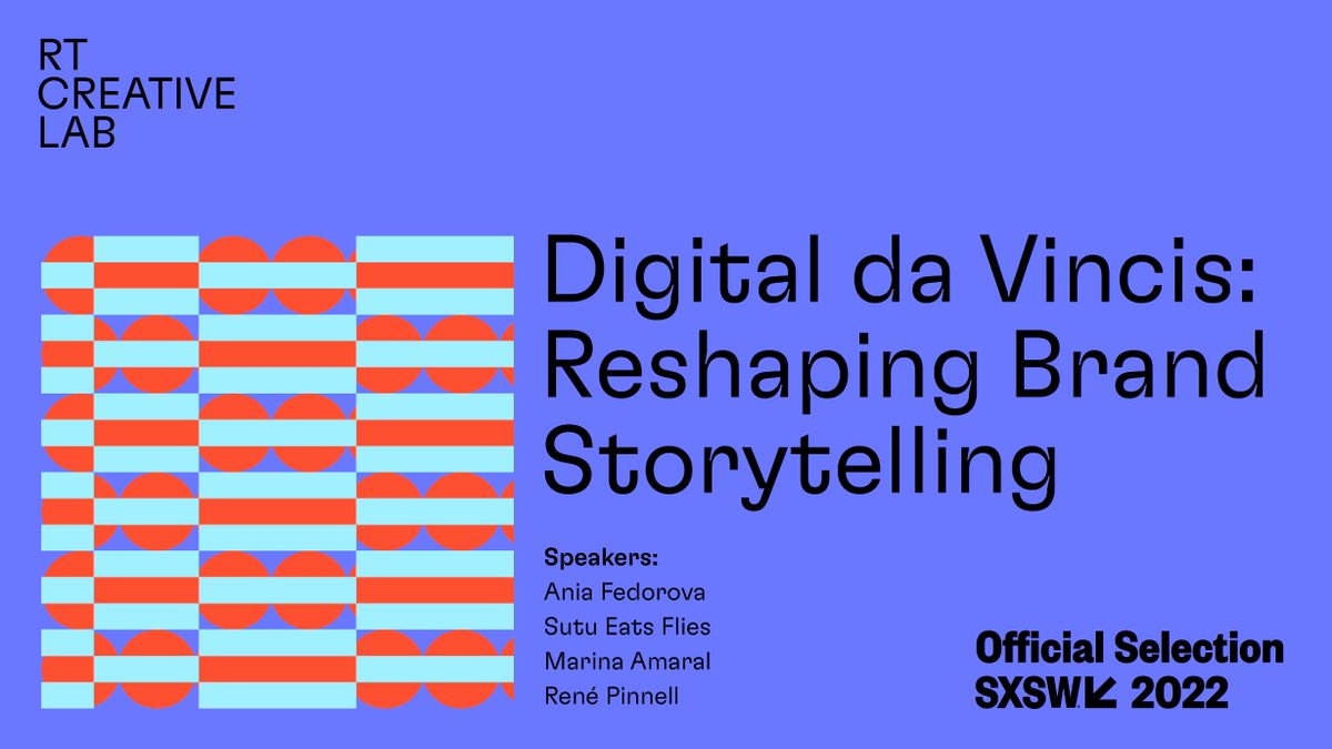 Excited to announce that our panel was selected for <a href="/sxsw/">SXSW</a>! 

🔥 'Digital “da Vincis”: Reshaping Brand Storytelling' featuring <a href="/sutu_eats_flies/">⚡️𝖘𝖚𝖙𝖚⚡️</a>, <a href="/marinamaral2/">Marina Amaral</a>, <a href="/RJPinnell/">René</a>, @AnyaFedorova_RT 🔥 

Find out more about our panel👇
schedule.sxsw.com/2022/events/PP…

#SXSW #PanelPicker #SXSW2022