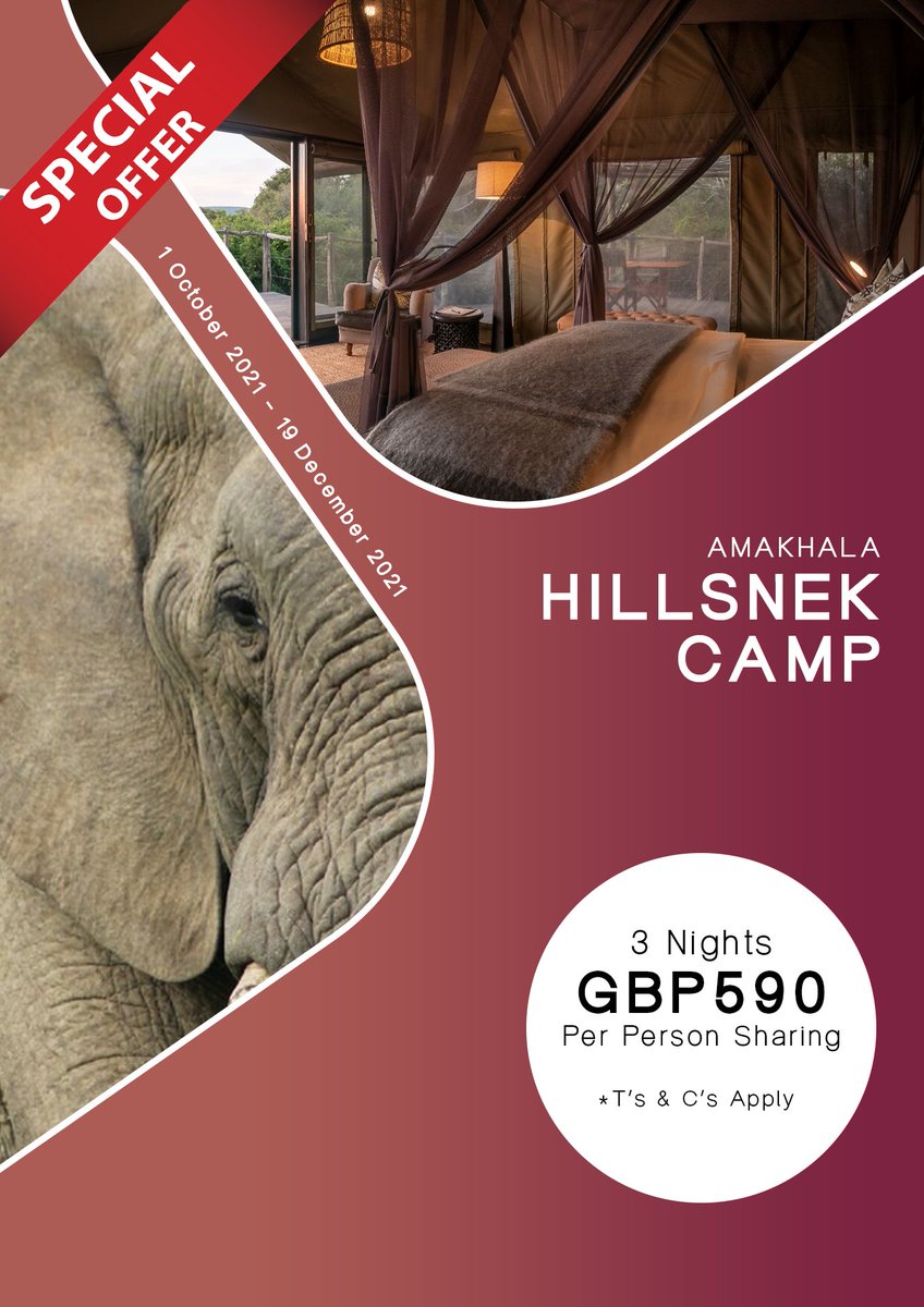 Limited Special offer!!!
Hillsnek is a spectacular, intimate 4 star lodge on Amakhala Game Reserve.
With personal service, delicious meals and romantic luxury safari tents on offer there is not much more one can wish for.
Rates: £ 590 per person sharing for a 3 night stay.